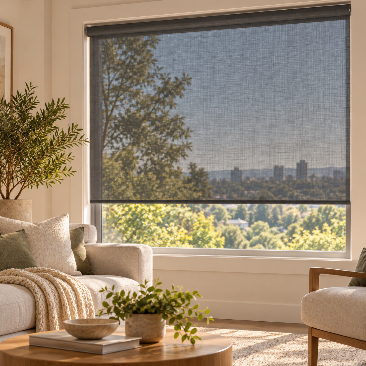 Solar screen roller shade with a visible city view