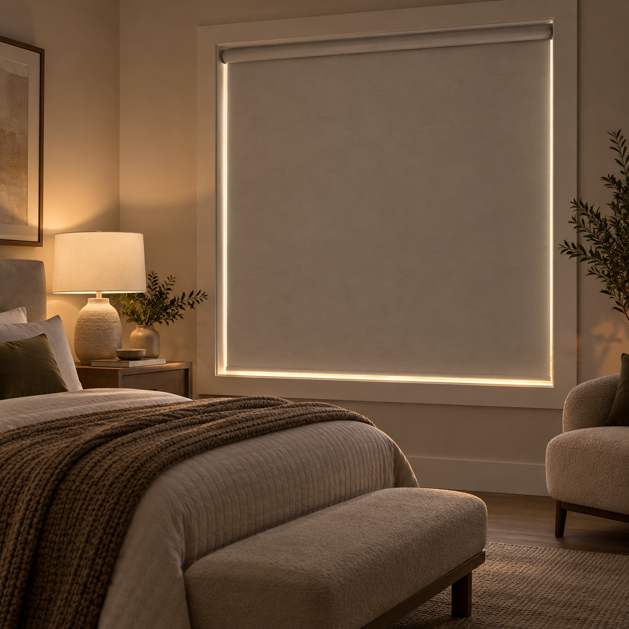 Blackout roller shade covering a bedroom window