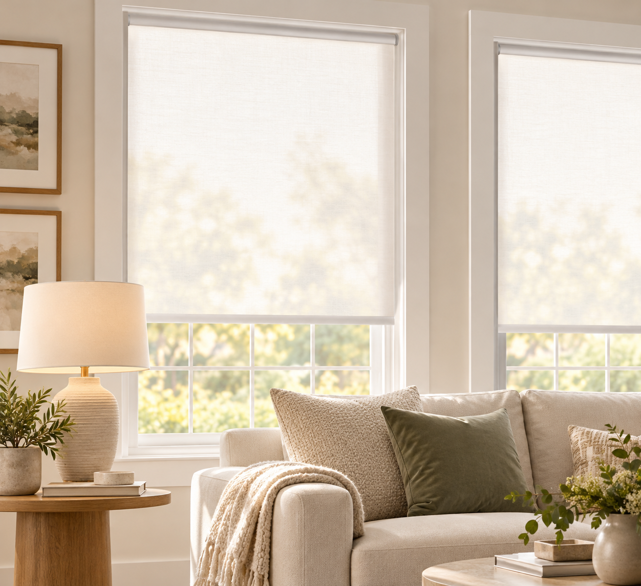 Light-filtering roller shade gently diffusing sunlight in a living room
