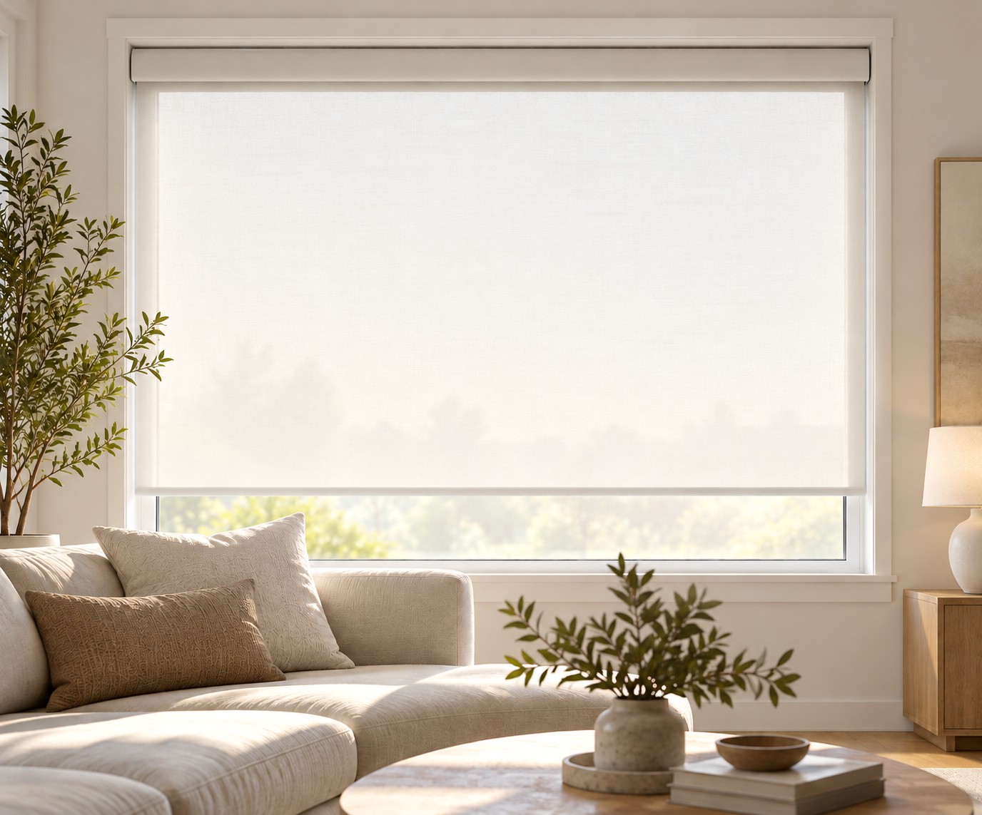 Light-filtering roller shade in daytime, seen from inside