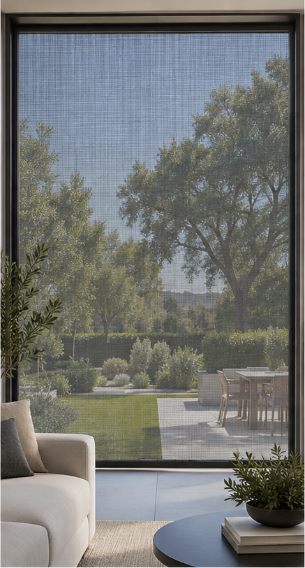 The same living room seen through a five-percent openness solar screen, with trees and the patio clearly readable