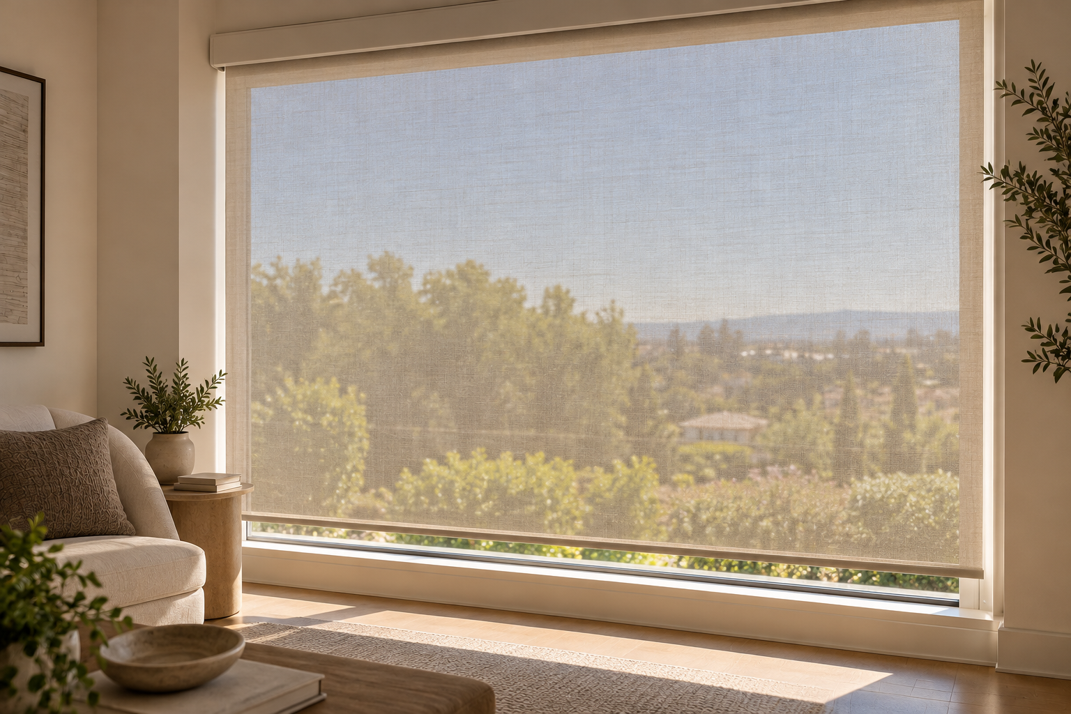 Three-percent solar screen roller shade seen from inside in daytime, with trees and houses still visible through the fabric