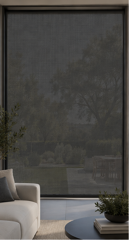 The same living room seen through a one-percent openness solar screen, the tightest weave of the four