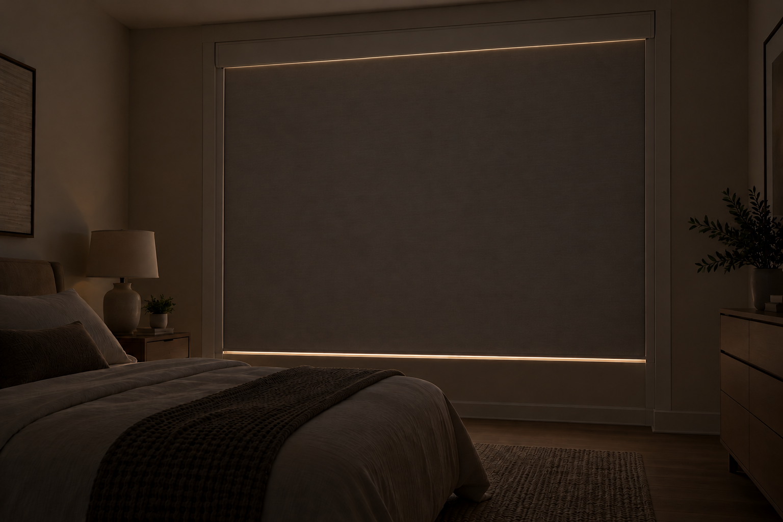 Blackout roller shade with side channels fitted along both sides of the window, in a darkened bedroom