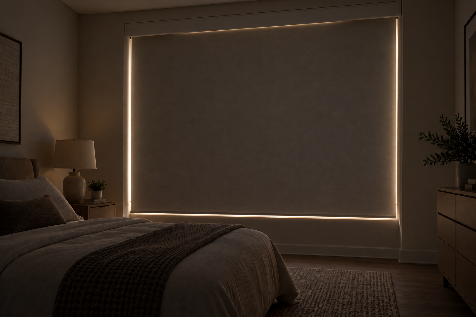 Blackout roller shade in a darkened bedroom in daytime, seen from inside, with daylight leaking along the side edges