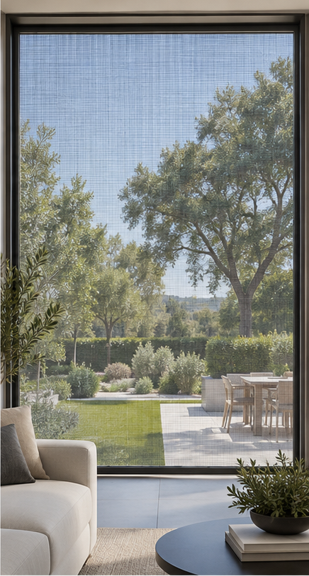 The same living room seen through a ten-percent openness solar screen, with the garden and sky almost fully open