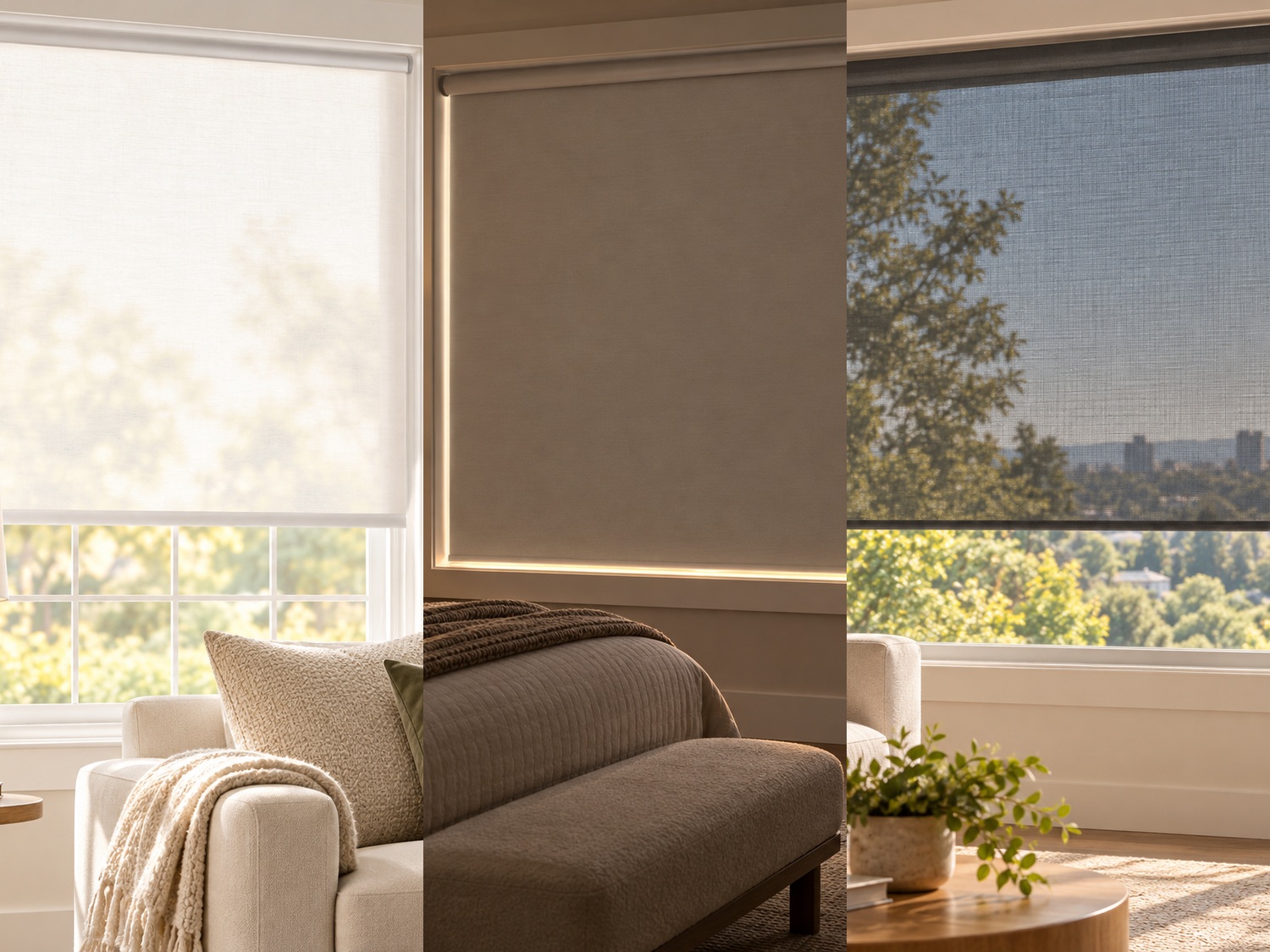 Three-panel roller shade comparison: Light Filtering on the left, Blackout in the center, and Solar Screen on the right