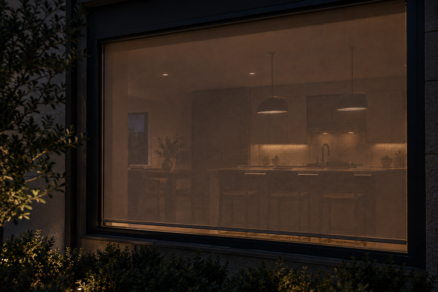 Solar screen roller shade seen from outside at night, with the lit kitchen and dining room visible through the fabric