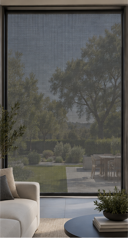 The same living room seen through a three-percent openness solar screen, slightly clearer than one percent